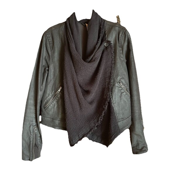 Free People Black Polished Cotton Denim Moto Scarf Drape‎ Jacket, Size 4 Small. - Picture 1 of 10